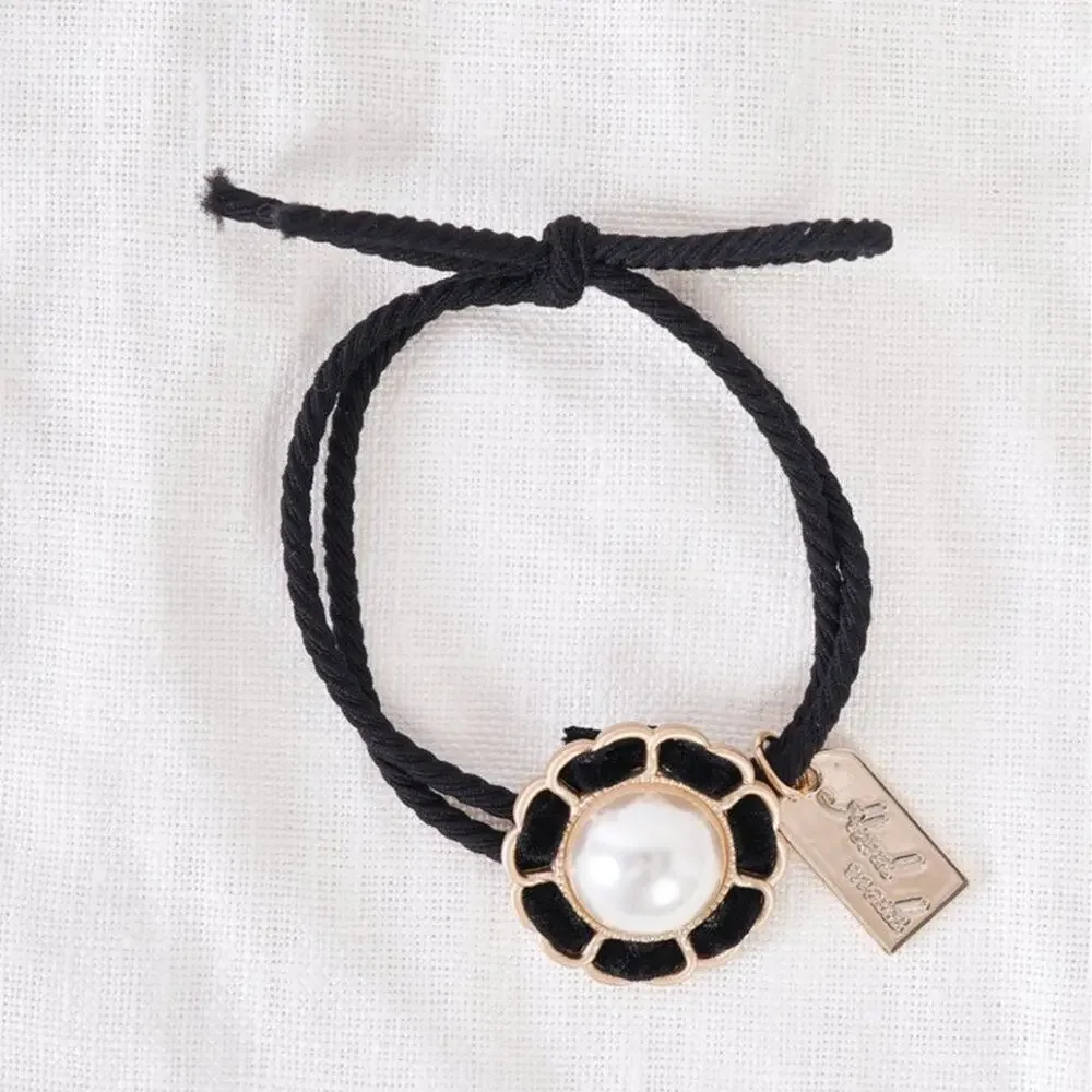 Black & Matte Gold Pearl Floret Detail Rope Hair Tie - Picture 2 of 6